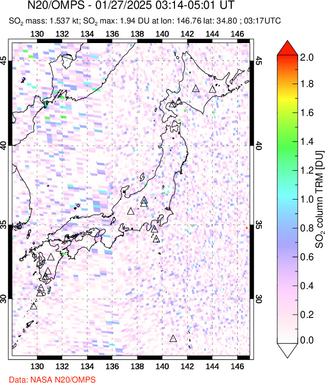 A sulfur dioxide image over Japan on Jan 27, 2025.