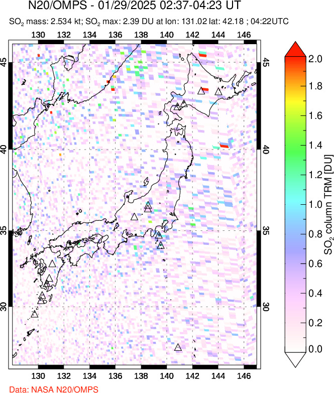 A sulfur dioxide image over Japan on Jan 29, 2025.