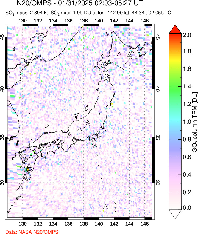 A sulfur dioxide image over Japan on Jan 31, 2025.