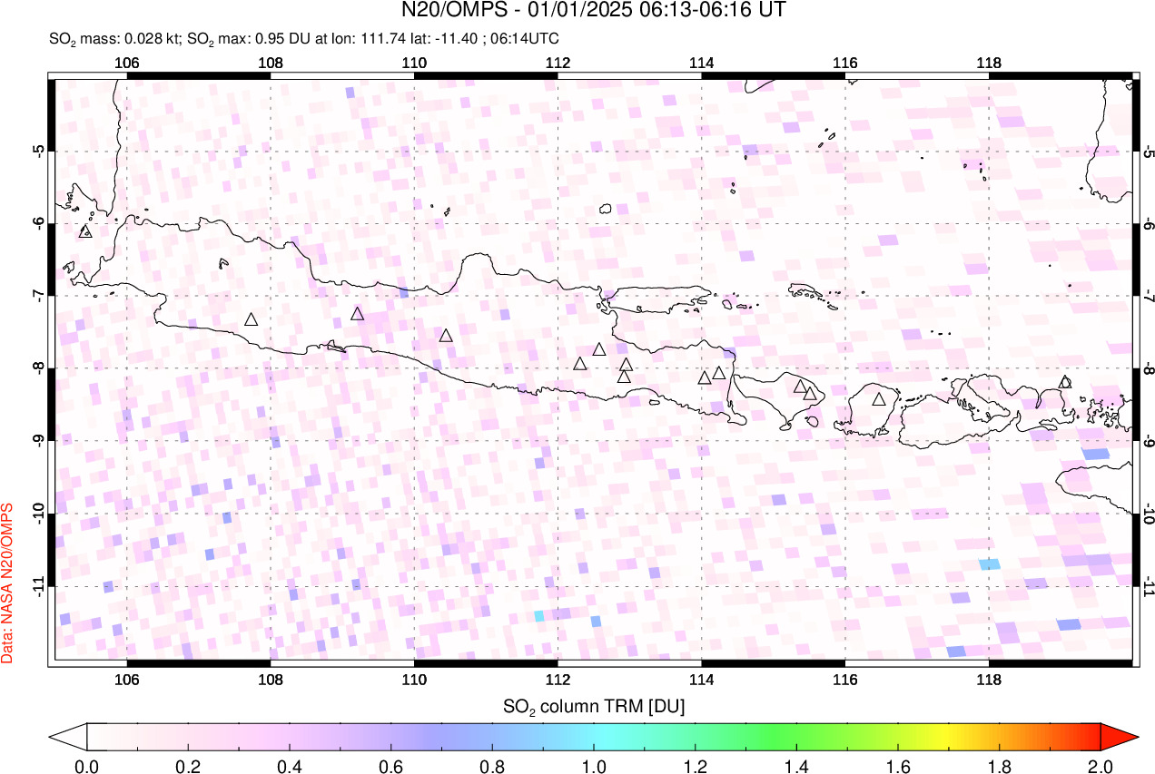 A sulfur dioxide image over Java, Indonesia on Jan 01, 2025.