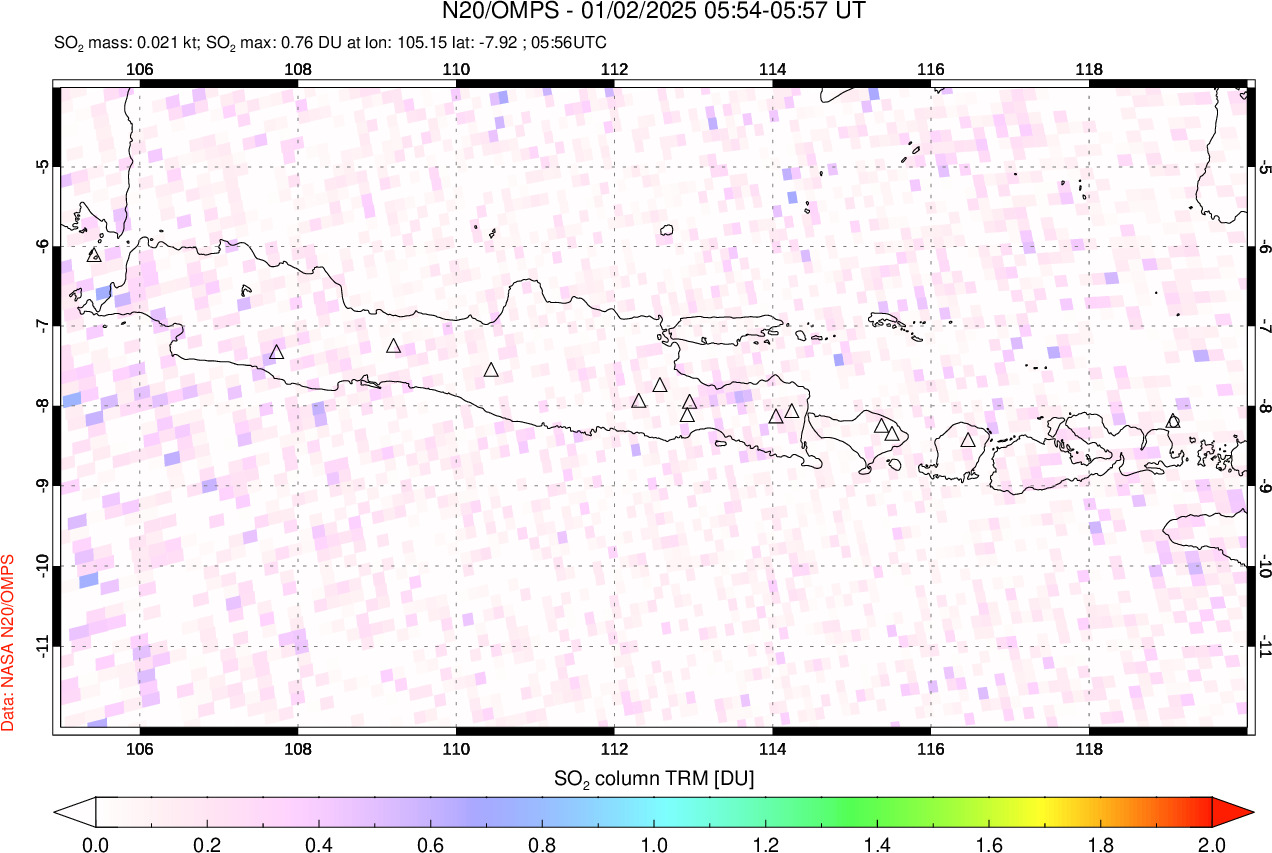 A sulfur dioxide image over Java, Indonesia on Jan 02, 2025.