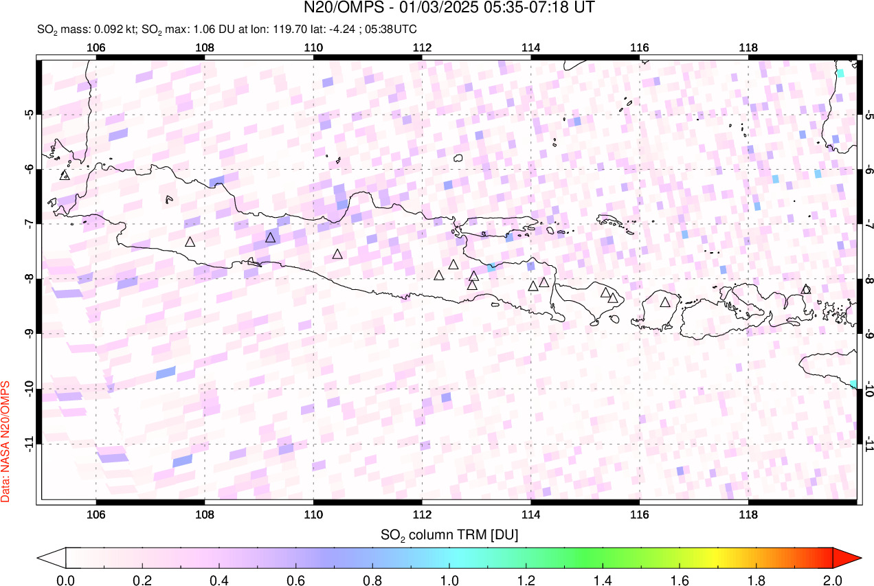 A sulfur dioxide image over Java, Indonesia on Jan 03, 2025.