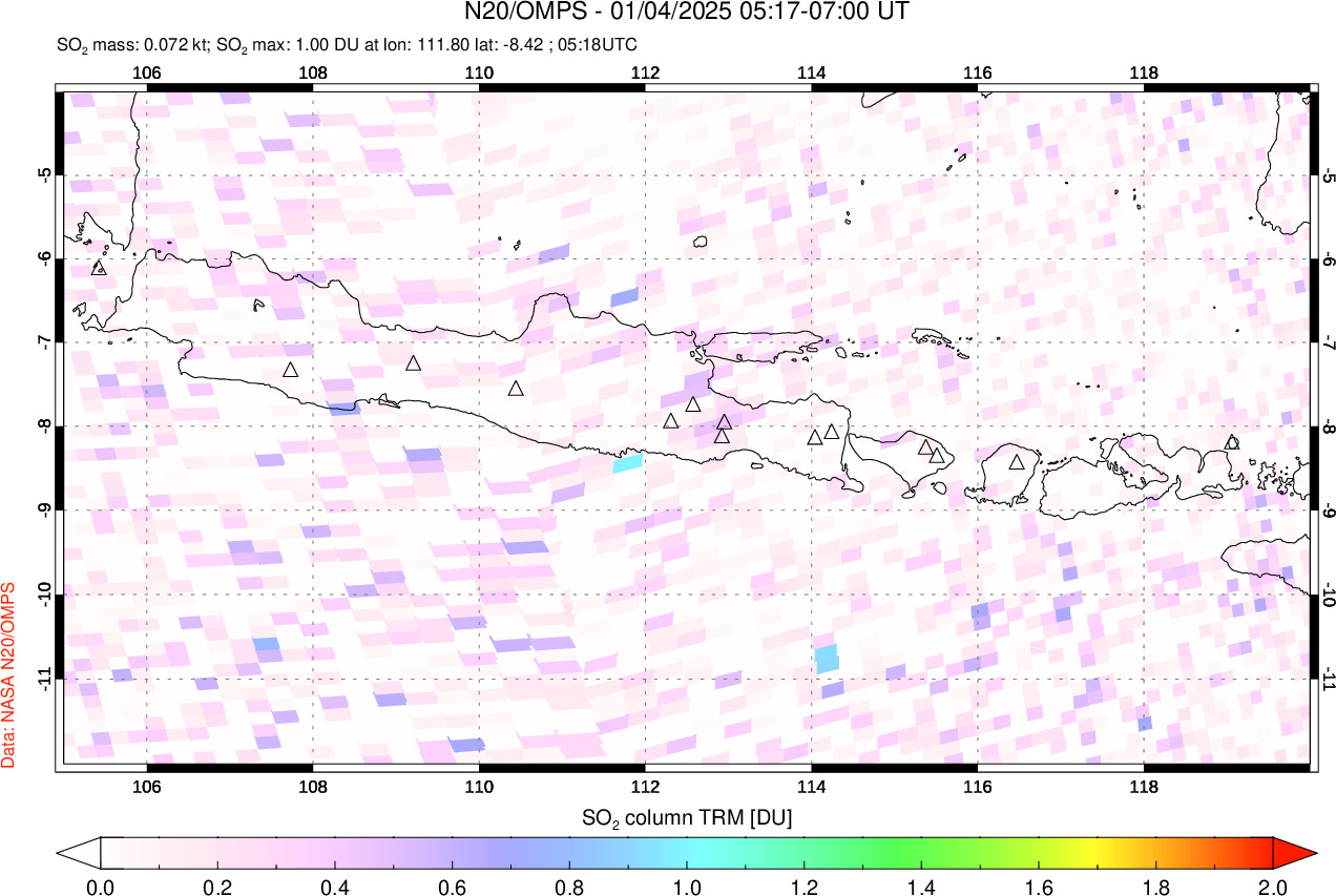 A sulfur dioxide image over Java, Indonesia on Jan 04, 2025.