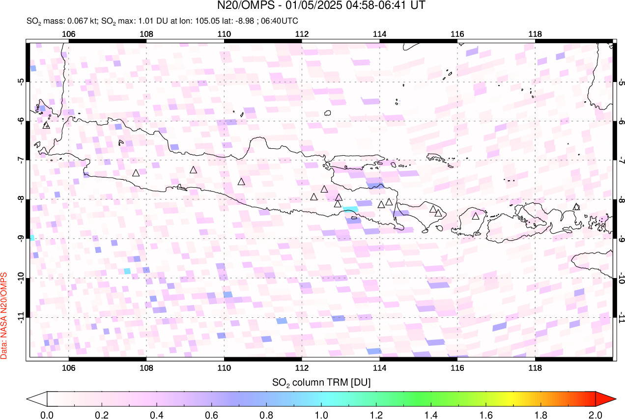 A sulfur dioxide image over Java, Indonesia on Jan 05, 2025.