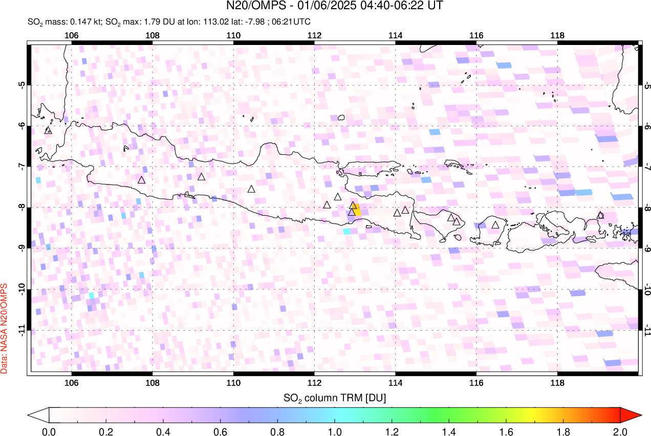 A sulfur dioxide image over Java, Indonesia on Jan 06, 2025.