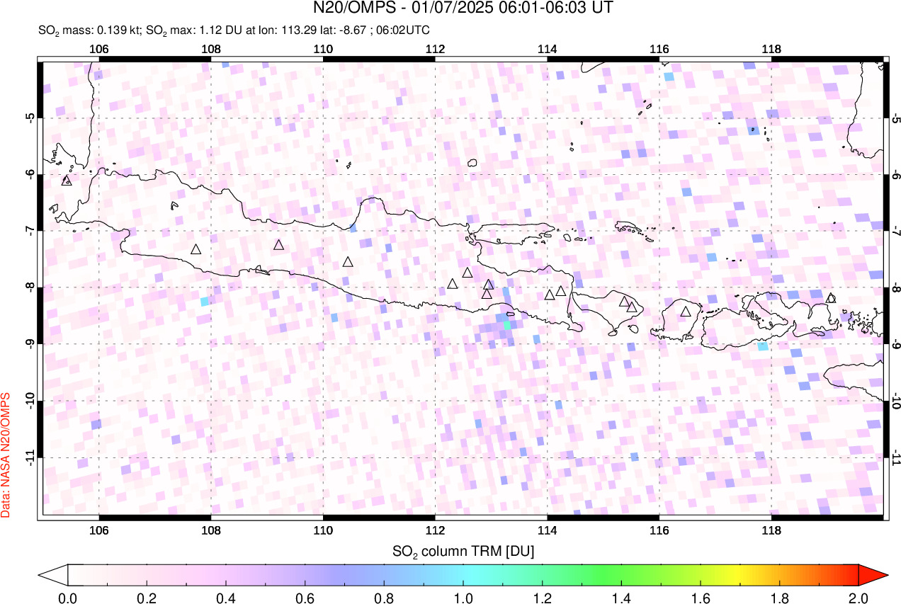 A sulfur dioxide image over Java, Indonesia on Jan 07, 2025.