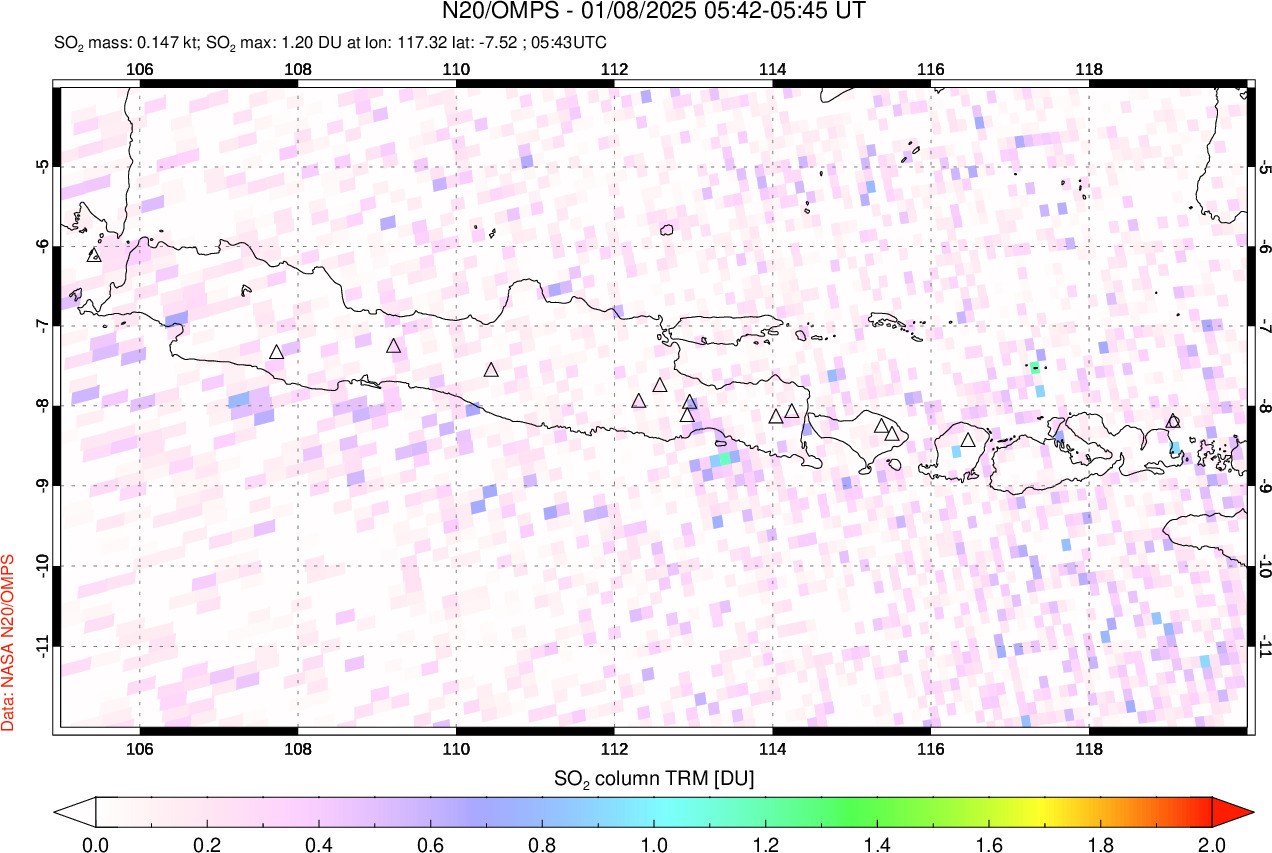 A sulfur dioxide image over Java, Indonesia on Jan 08, 2025.