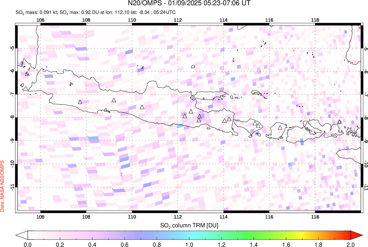 A sulfur dioxide image over Java, Indonesia on Jan 09, 2025.