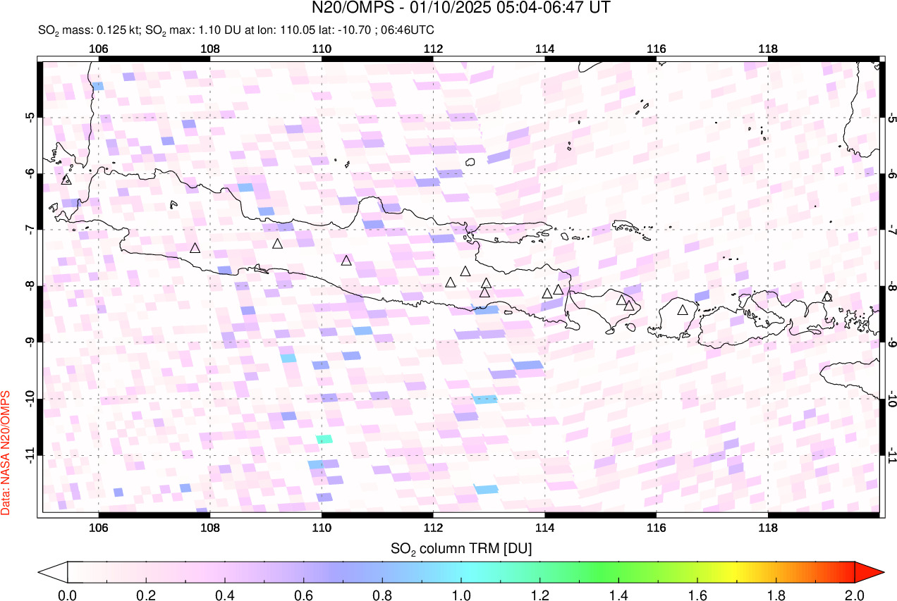 A sulfur dioxide image over Java, Indonesia on Jan 10, 2025.