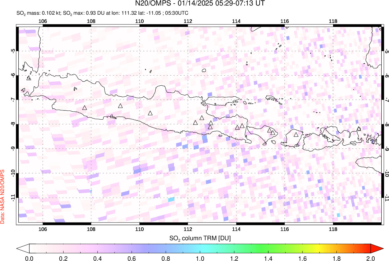 A sulfur dioxide image over Java, Indonesia on Jan 14, 2025.