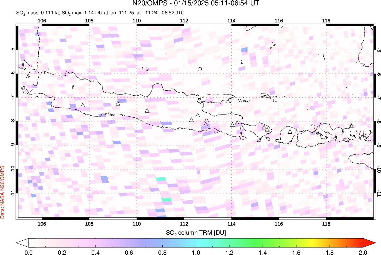 A sulfur dioxide image over Java, Indonesia on Jan 15, 2025.