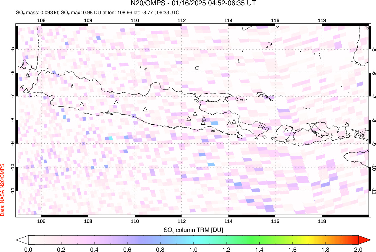 A sulfur dioxide image over Java, Indonesia on Jan 16, 2025.