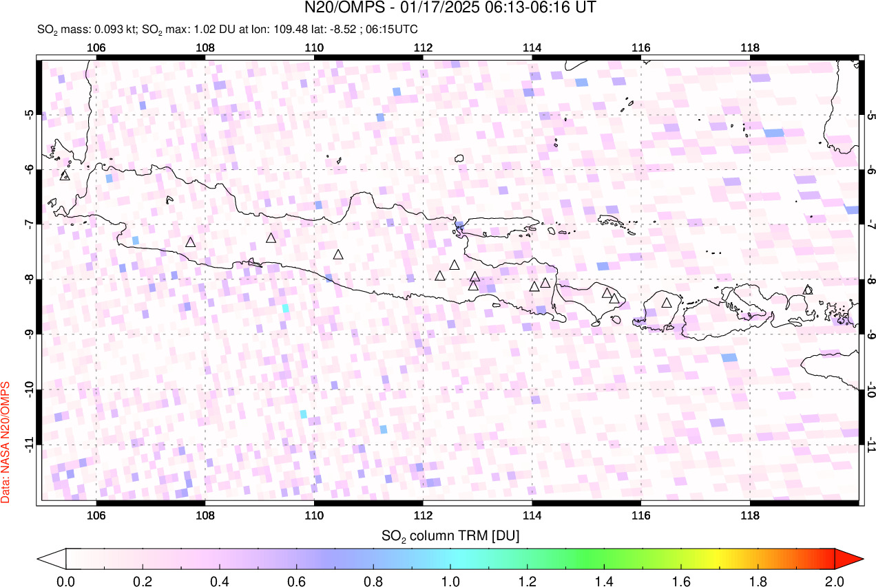 A sulfur dioxide image over Java, Indonesia on Jan 17, 2025.