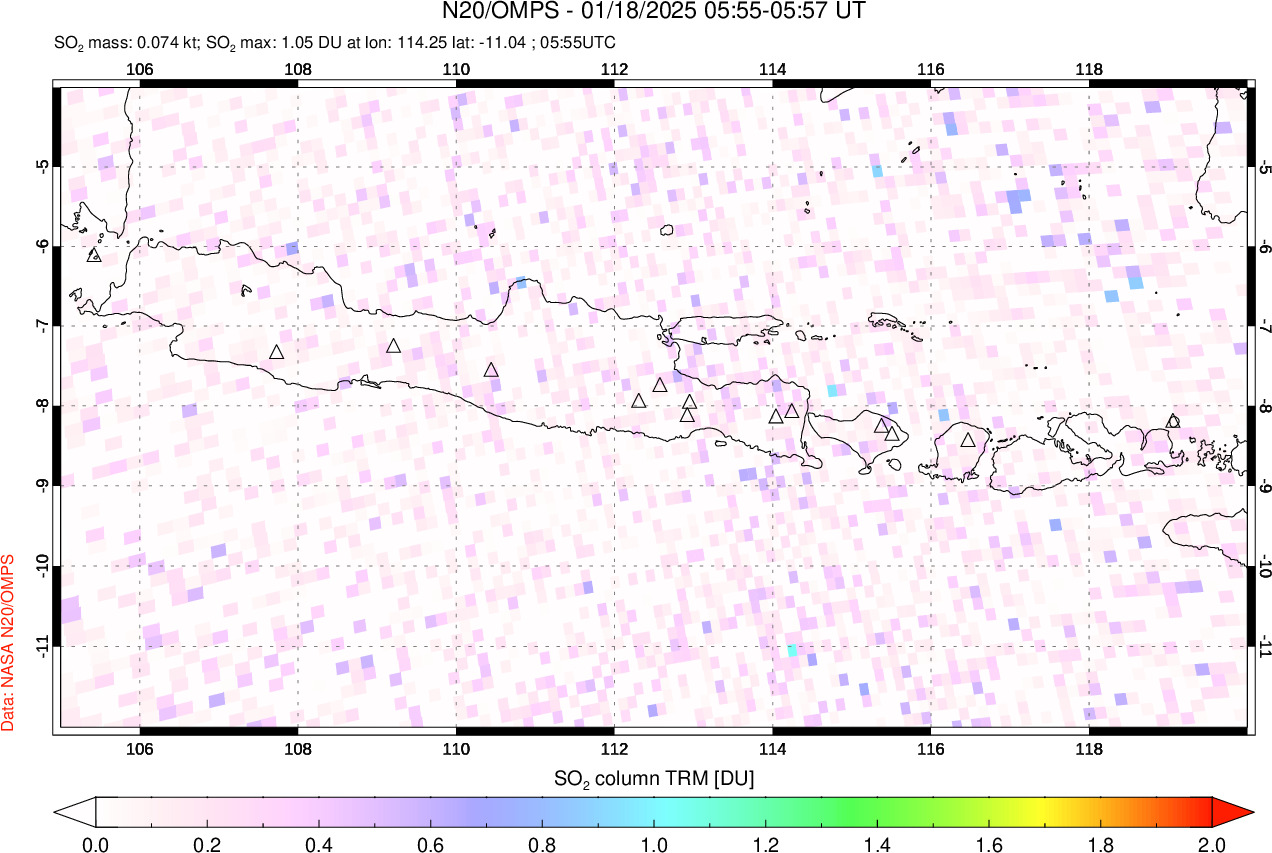 A sulfur dioxide image over Java, Indonesia on Jan 18, 2025.