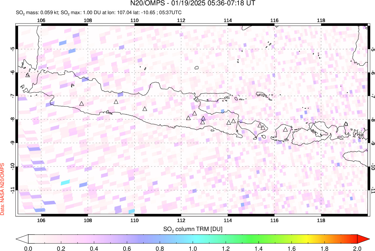 A sulfur dioxide image over Java, Indonesia on Jan 19, 2025.