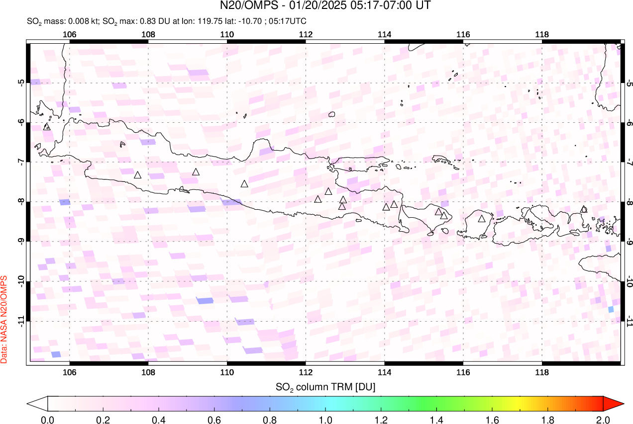 A sulfur dioxide image over Java, Indonesia on Jan 20, 2025.