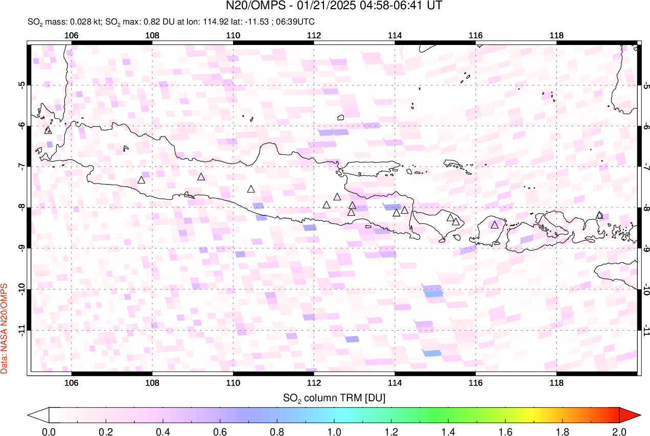 A sulfur dioxide image over Java, Indonesia on Jan 21, 2025.