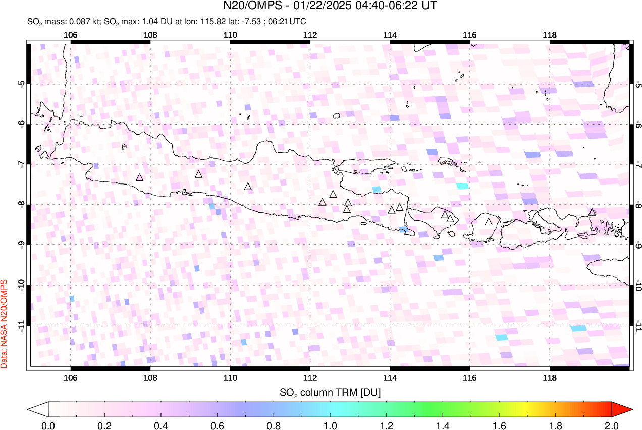 A sulfur dioxide image over Java, Indonesia on Jan 22, 2025.