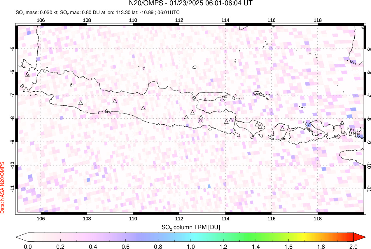 A sulfur dioxide image over Java, Indonesia on Jan 23, 2025.