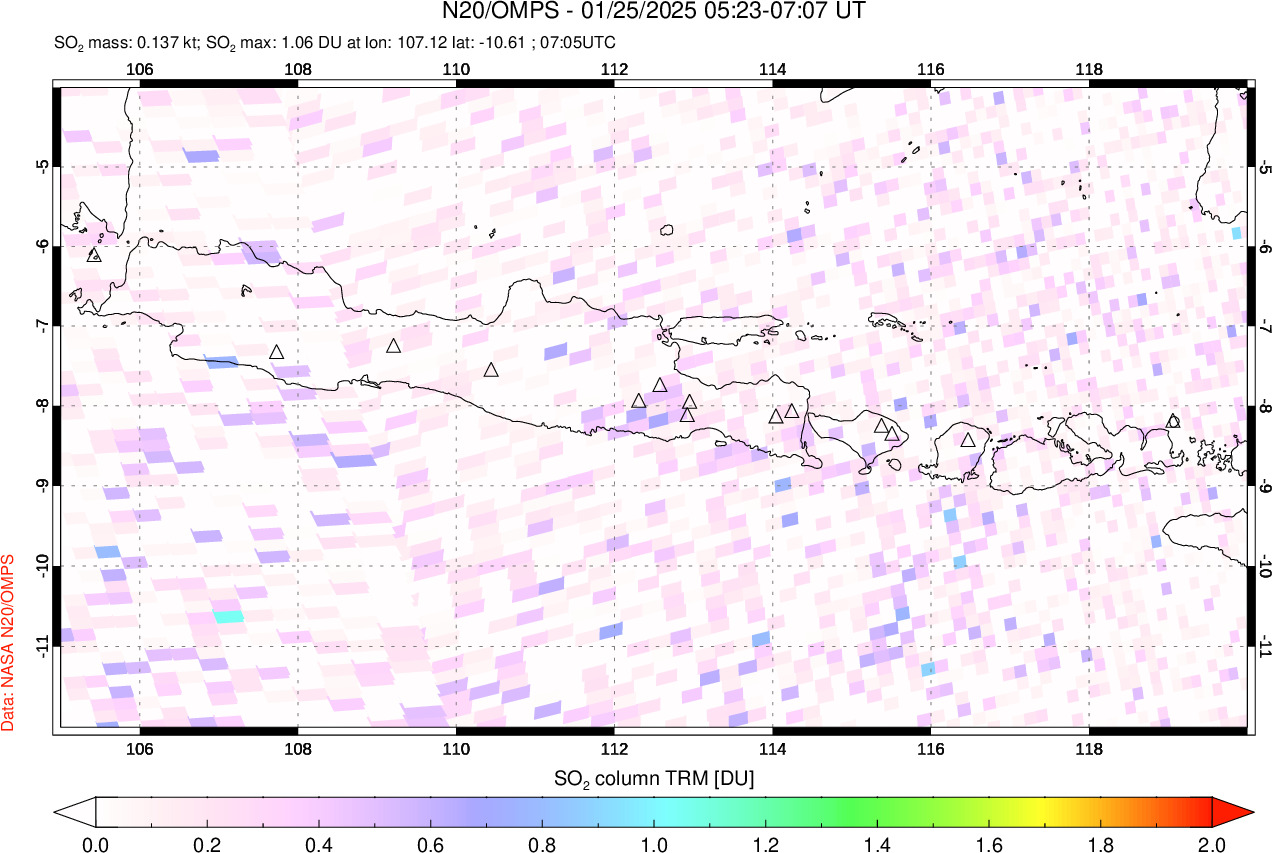 A sulfur dioxide image over Java, Indonesia on Jan 25, 2025.