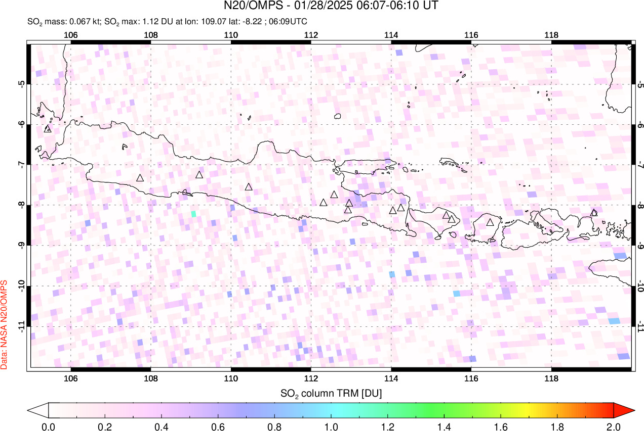 A sulfur dioxide image over Java, Indonesia on Jan 28, 2025.