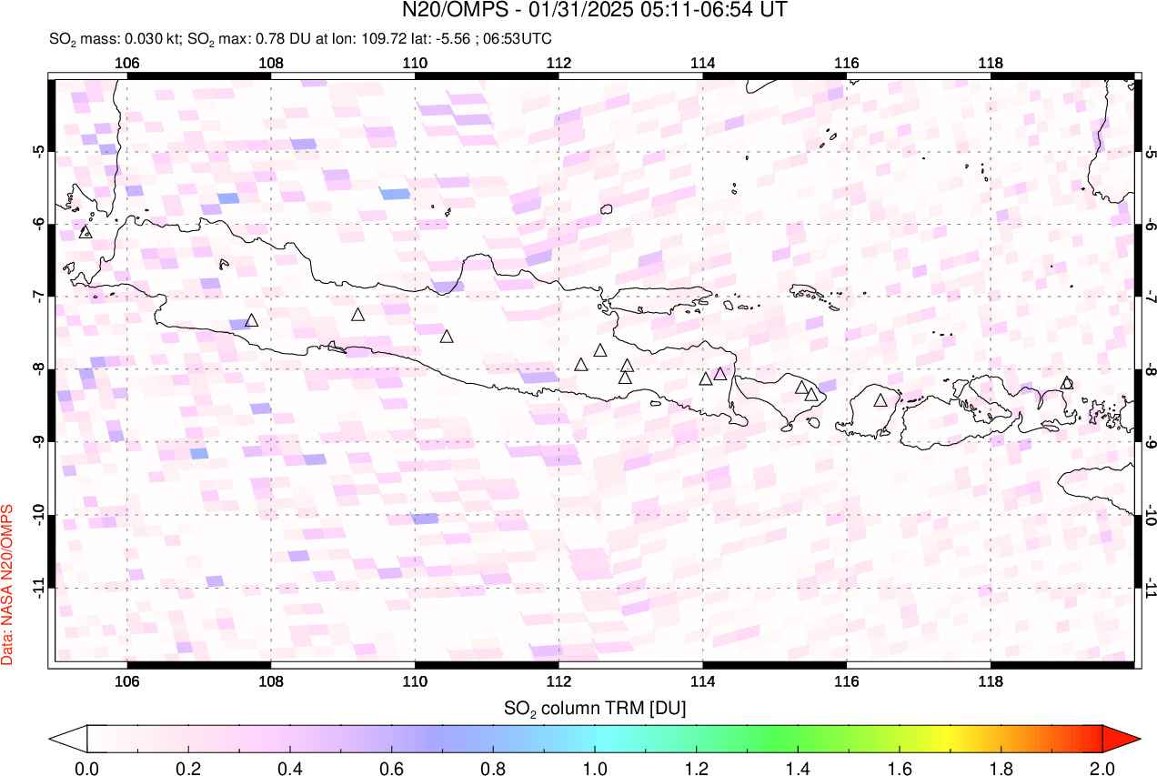 A sulfur dioxide image over Java, Indonesia on Jan 31, 2025.