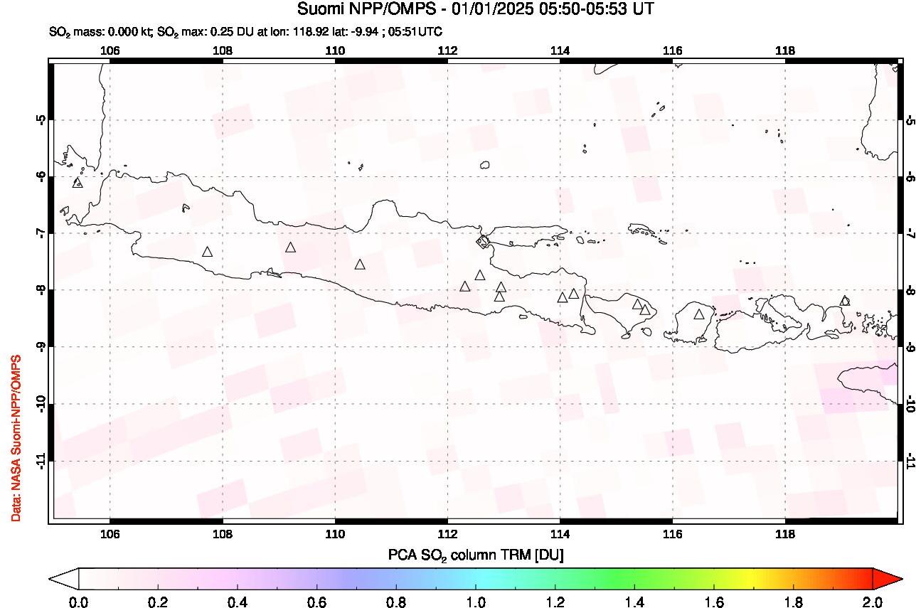 A sulfur dioxide image over Java, Indonesia on Jan 01, 2025.