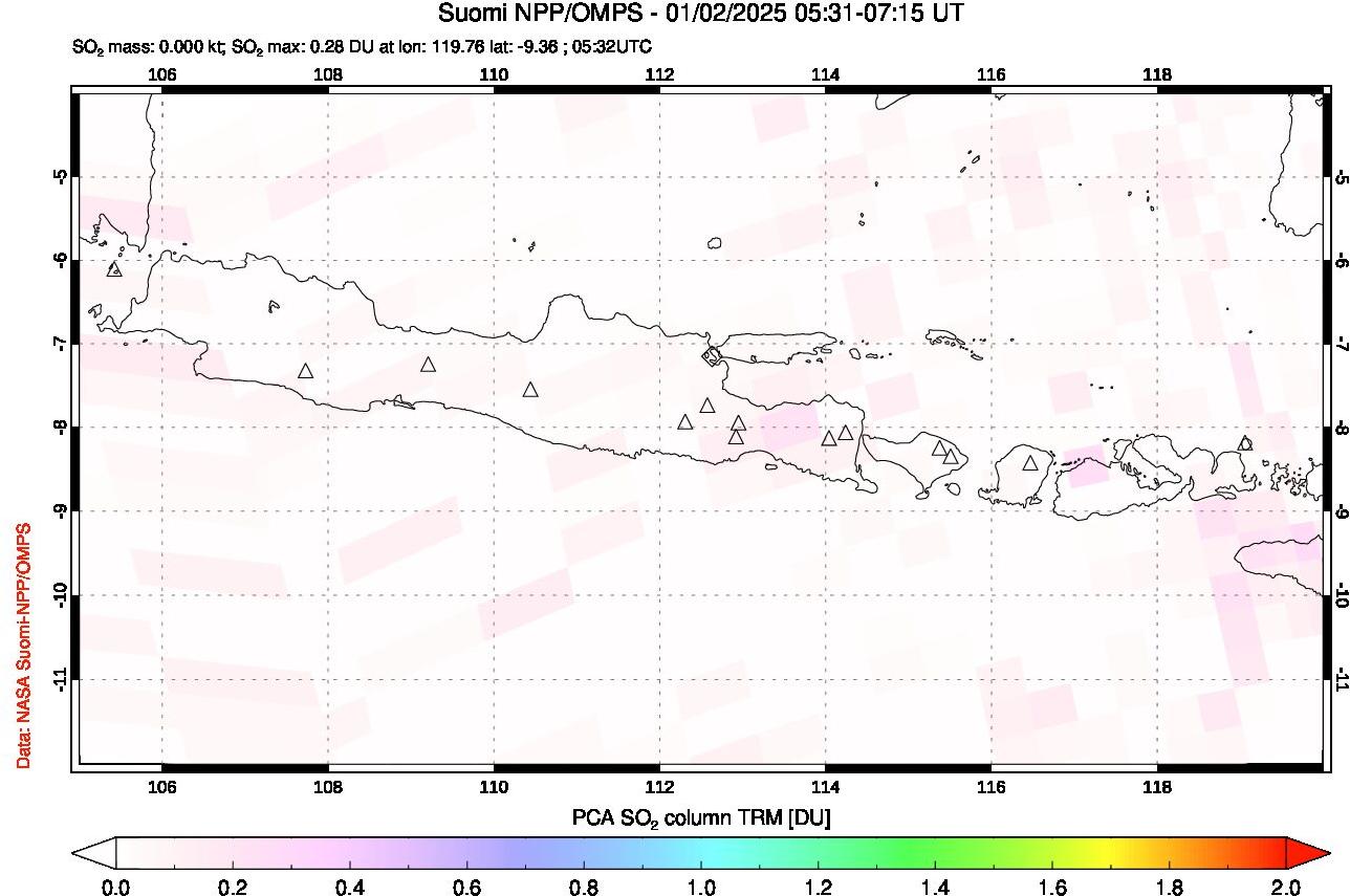 A sulfur dioxide image over Java, Indonesia on Jan 02, 2025.