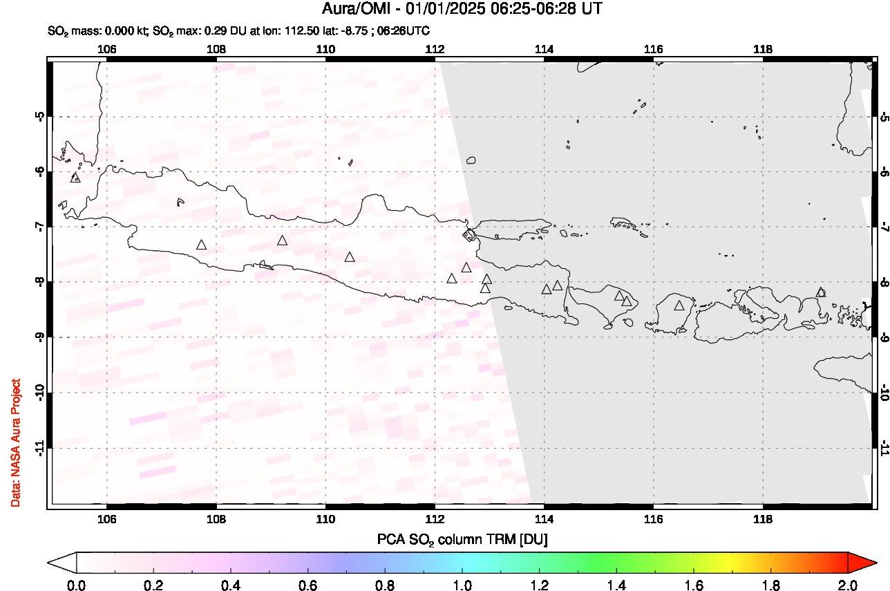 A sulfur dioxide image over Java, Indonesia on Jan 01, 2025.