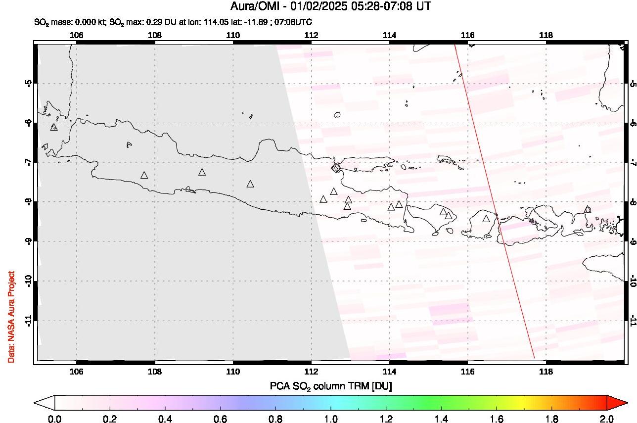 A sulfur dioxide image over Java, Indonesia on Jan 02, 2025.