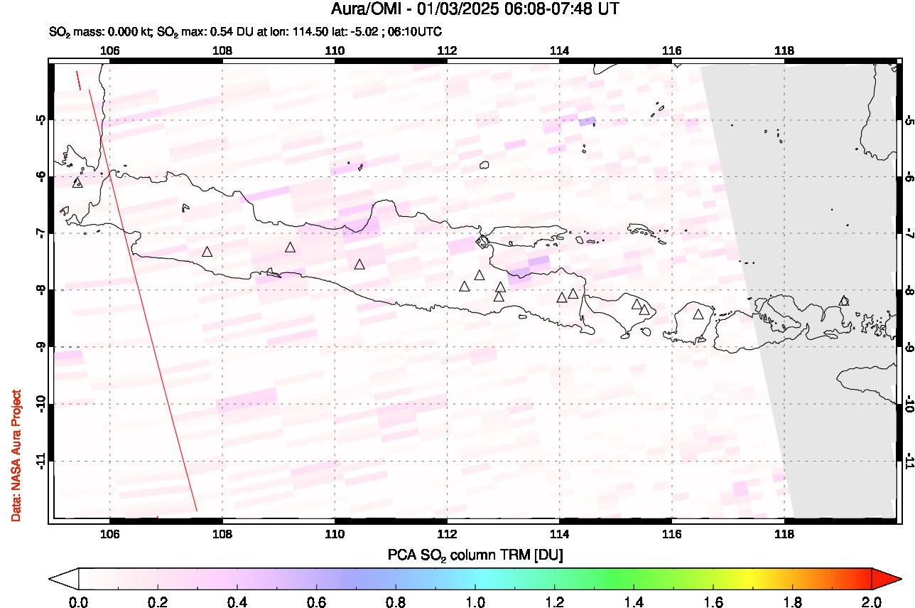 A sulfur dioxide image over Java, Indonesia on Jan 03, 2025.