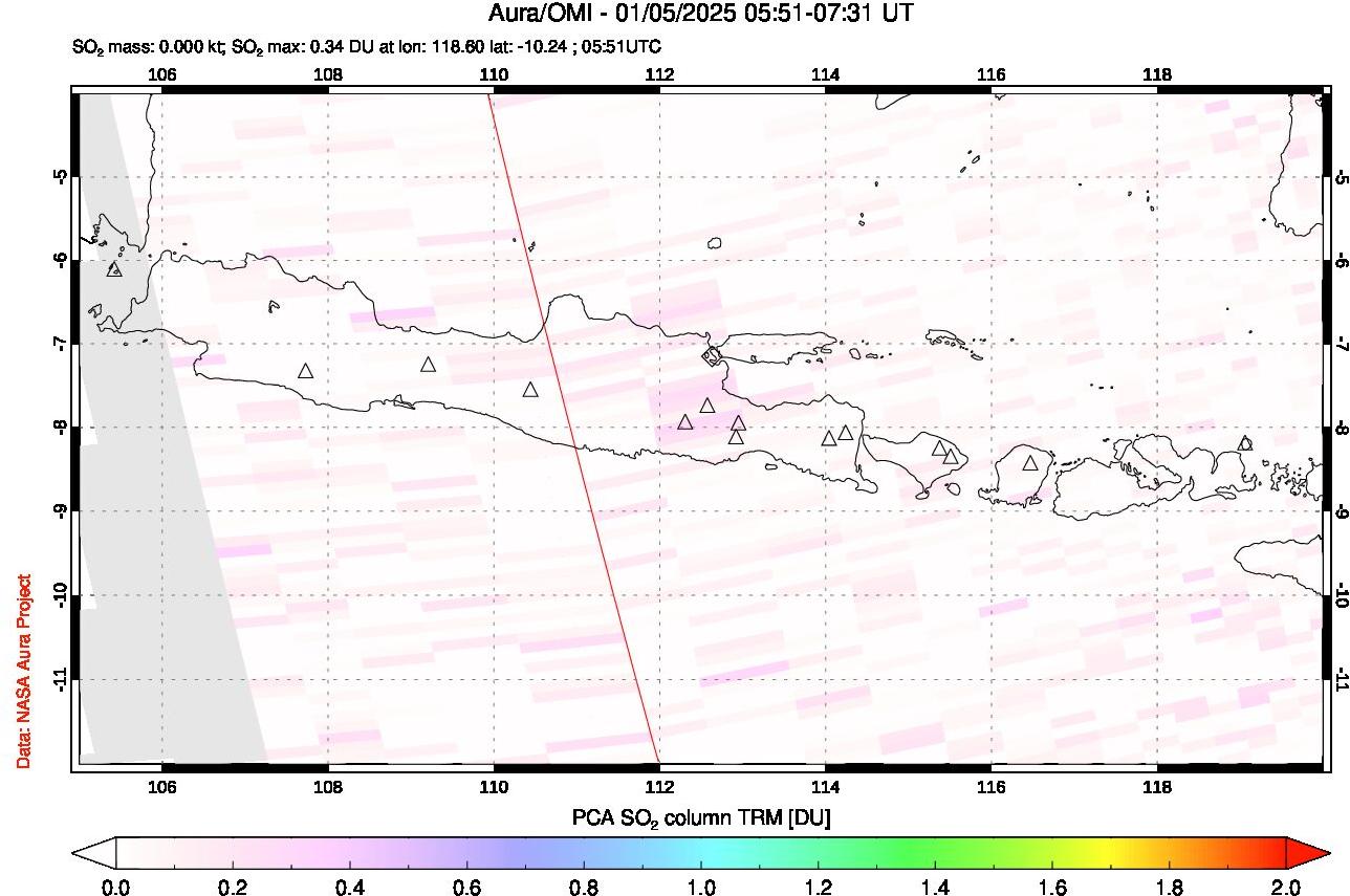 A sulfur dioxide image over Java, Indonesia on Jan 05, 2025.