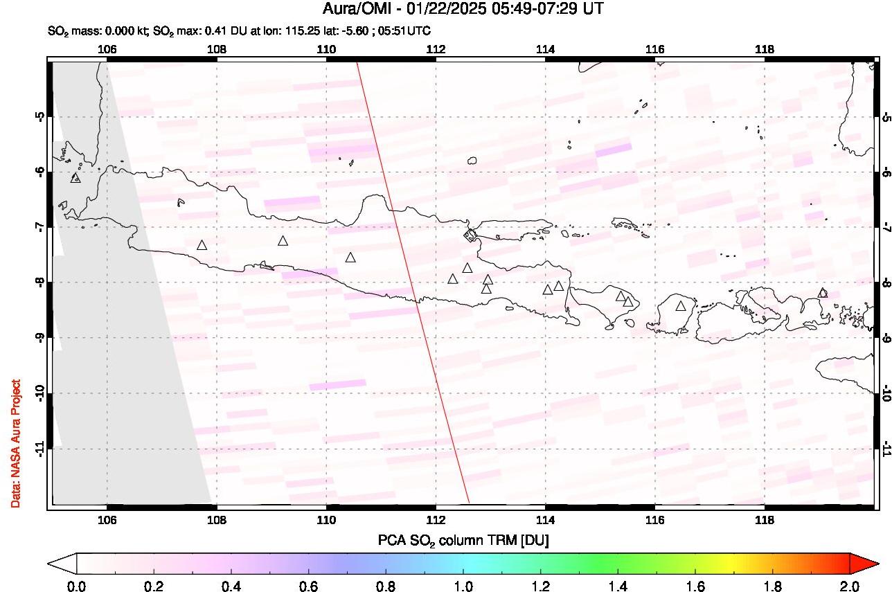 A sulfur dioxide image over Java, Indonesia on Jan 22, 2025.