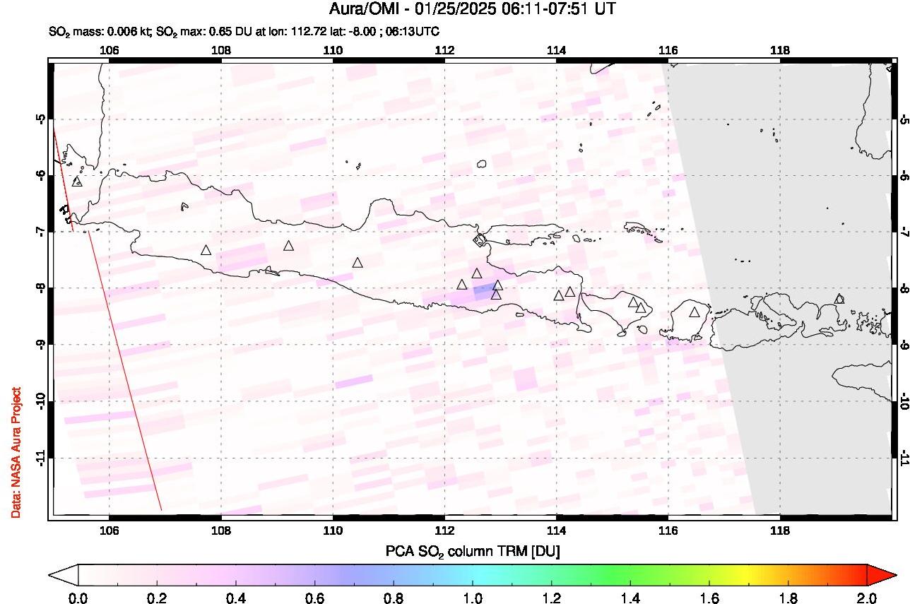 A sulfur dioxide image over Java, Indonesia on Jan 25, 2025.