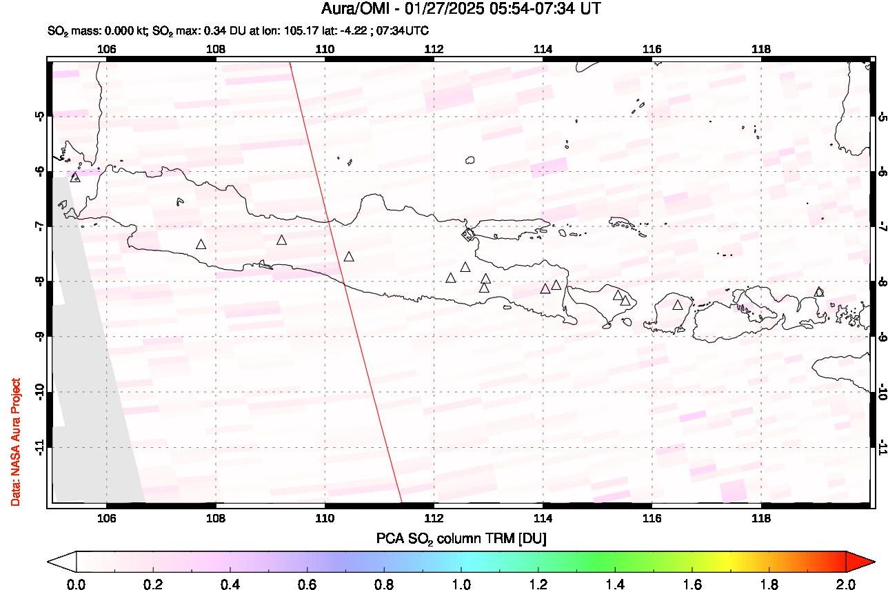 A sulfur dioxide image over Java, Indonesia on Jan 27, 2025.