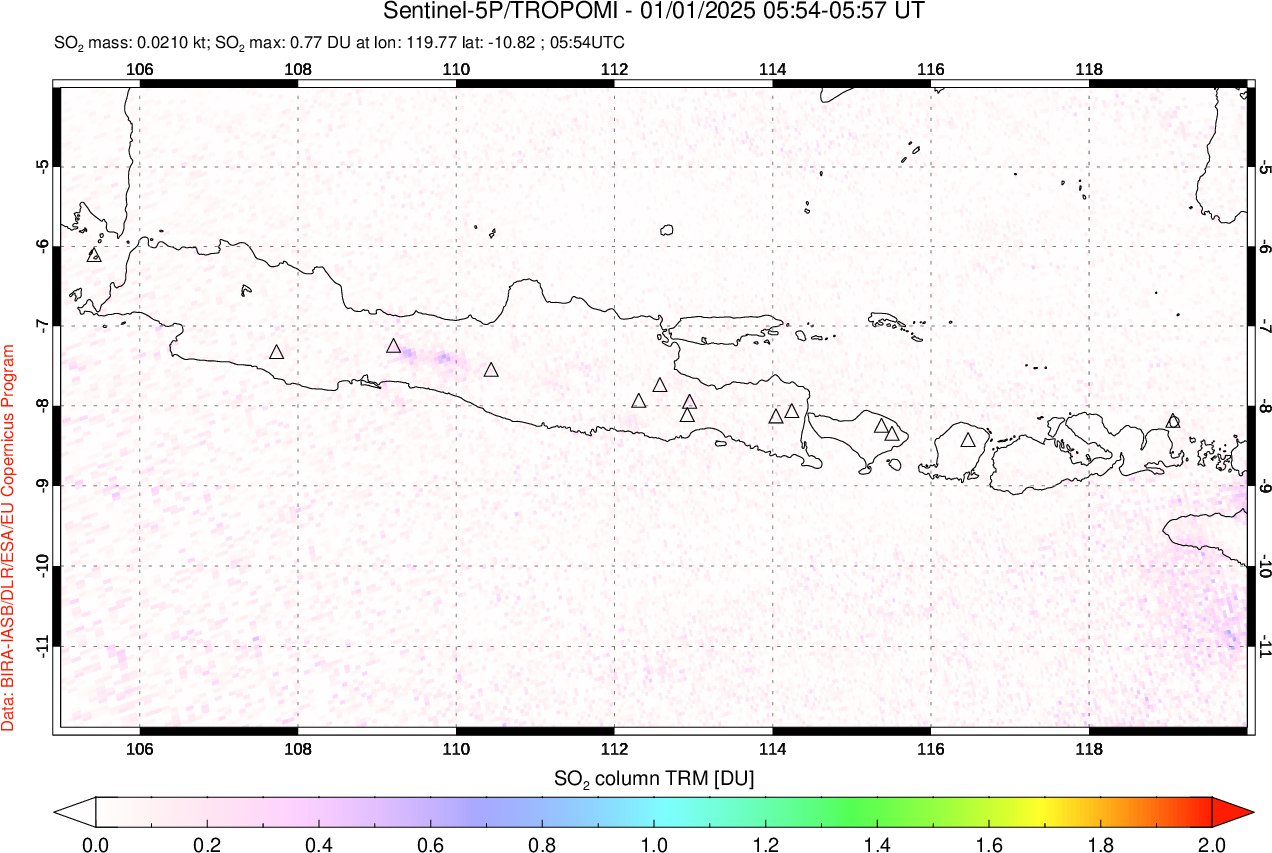 A sulfur dioxide image over Java, Indonesia on Jan 01, 2025.