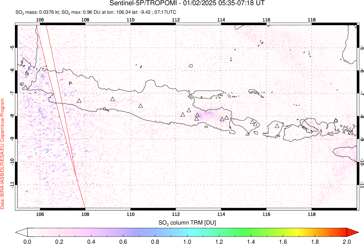 A sulfur dioxide image over Java, Indonesia on Jan 02, 2025.