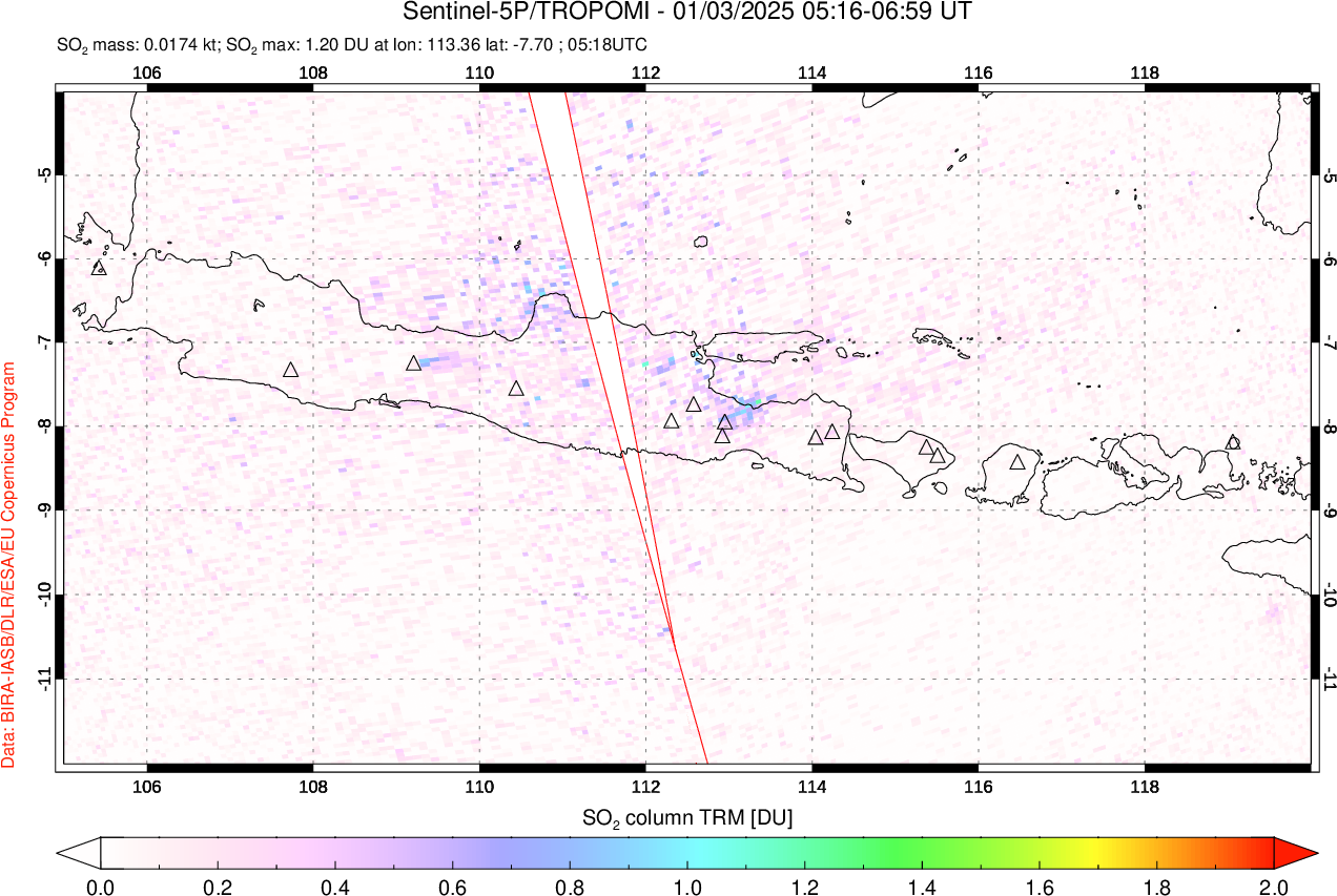 A sulfur dioxide image over Java, Indonesia on Jan 03, 2025.