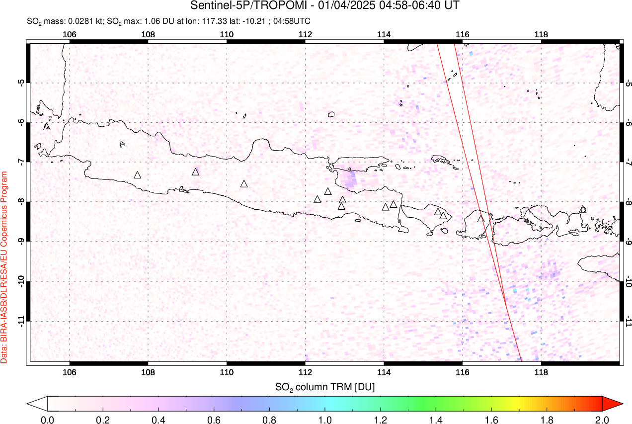 A sulfur dioxide image over Java, Indonesia on Jan 04, 2025.