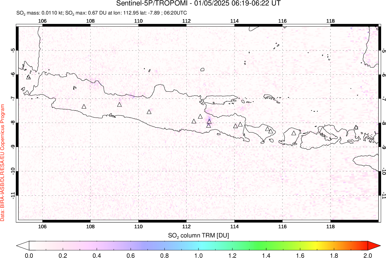 A sulfur dioxide image over Java, Indonesia on Jan 05, 2025.