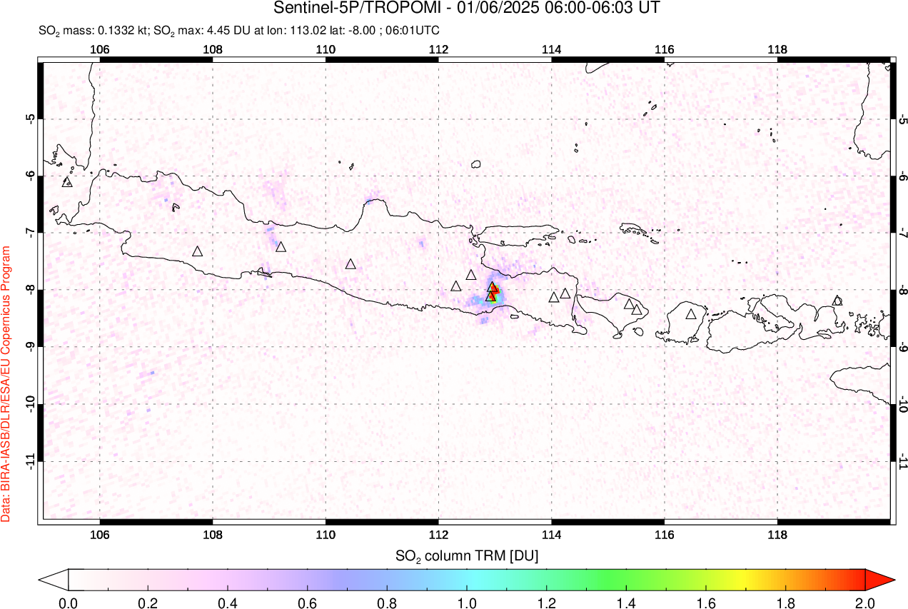 A sulfur dioxide image over Java, Indonesia on Jan 06, 2025.