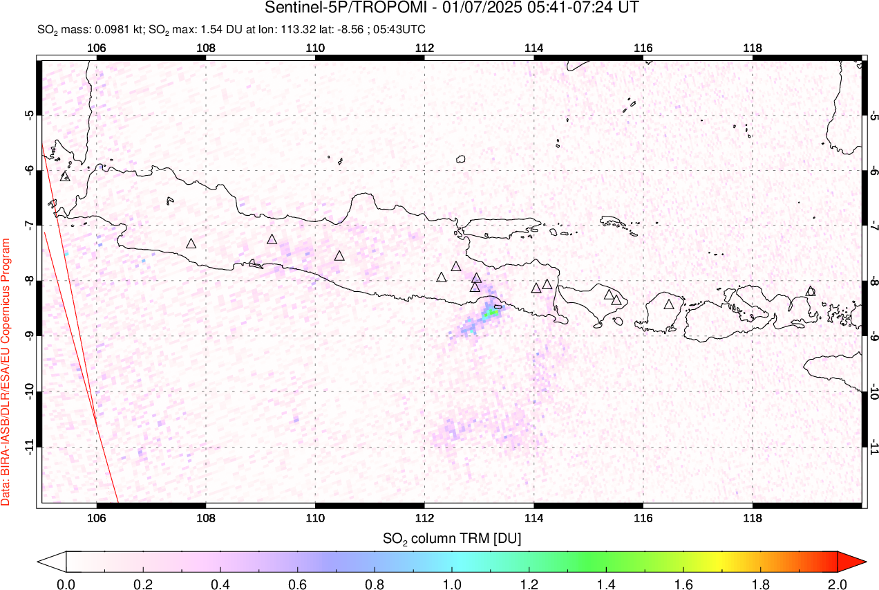 A sulfur dioxide image over Java, Indonesia on Jan 07, 2025.