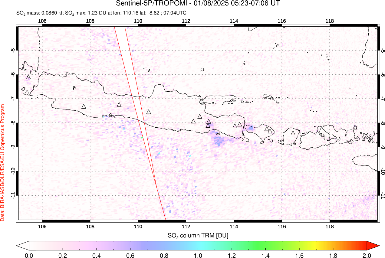 A sulfur dioxide image over Java, Indonesia on Jan 08, 2025.