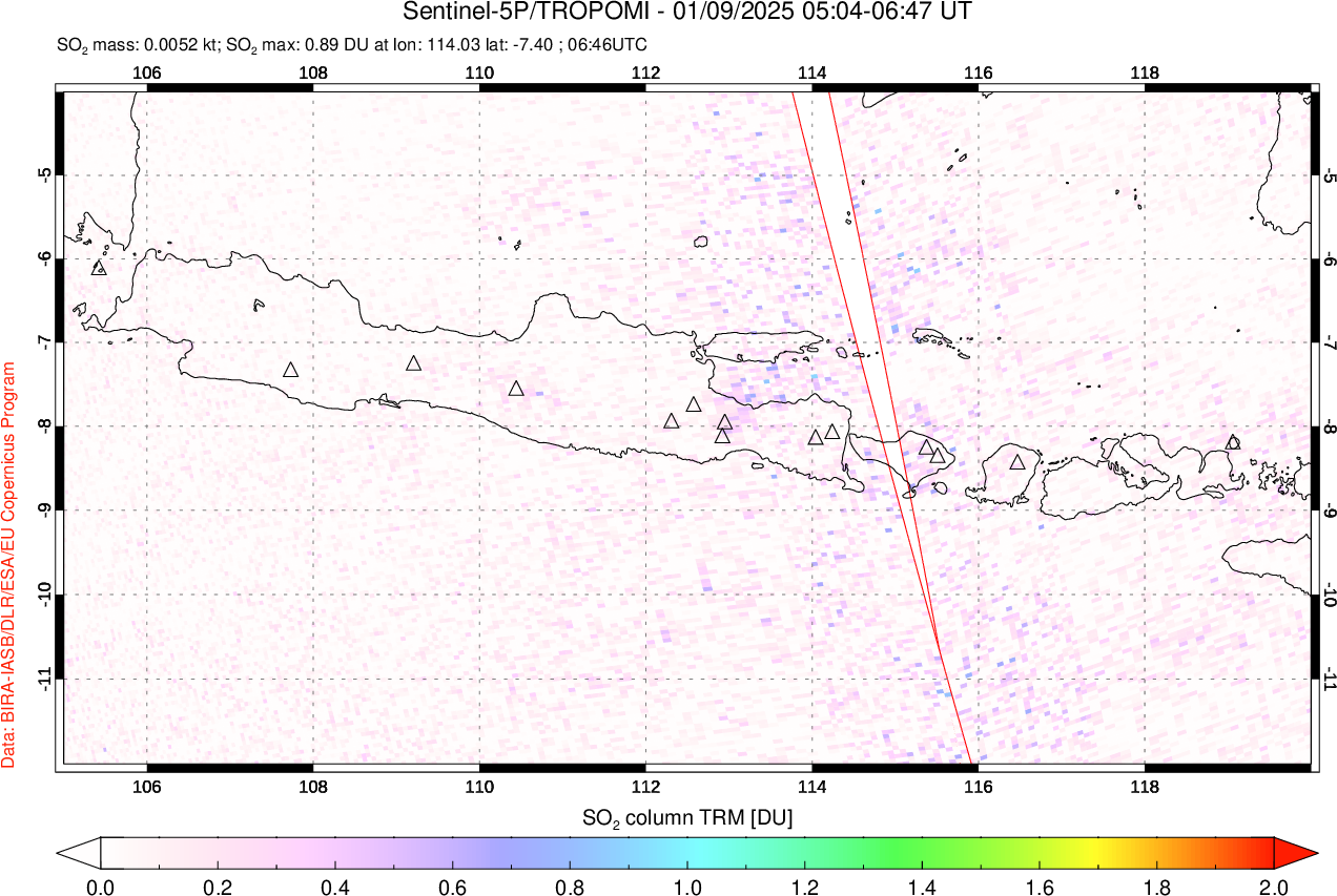 A sulfur dioxide image over Java, Indonesia on Jan 09, 2025.