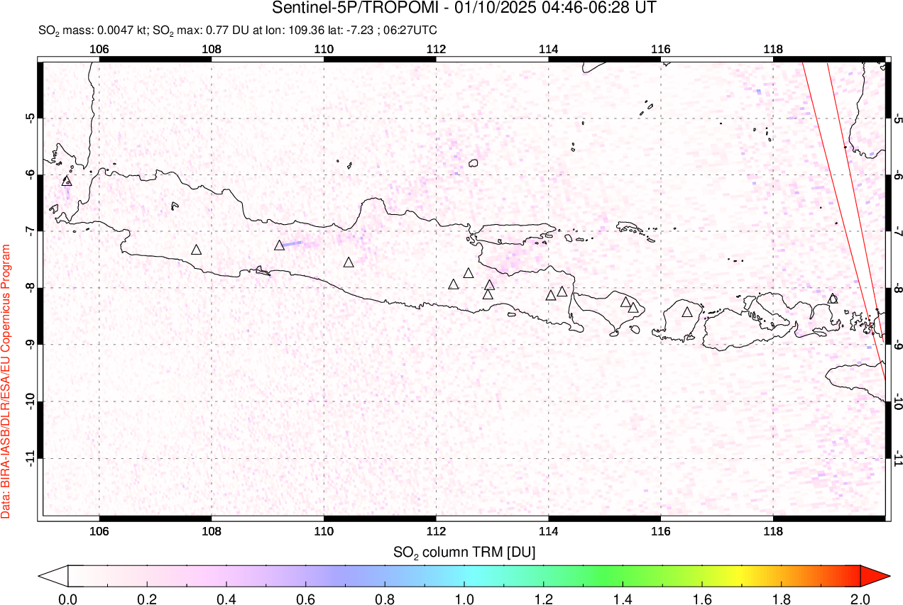 A sulfur dioxide image over Java, Indonesia on Jan 10, 2025.