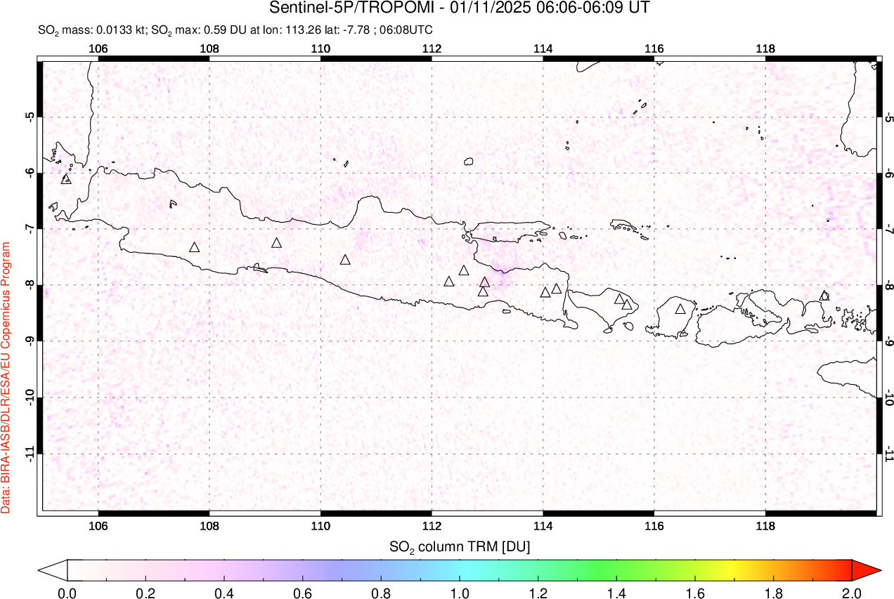 A sulfur dioxide image over Java, Indonesia on Jan 11, 2025.