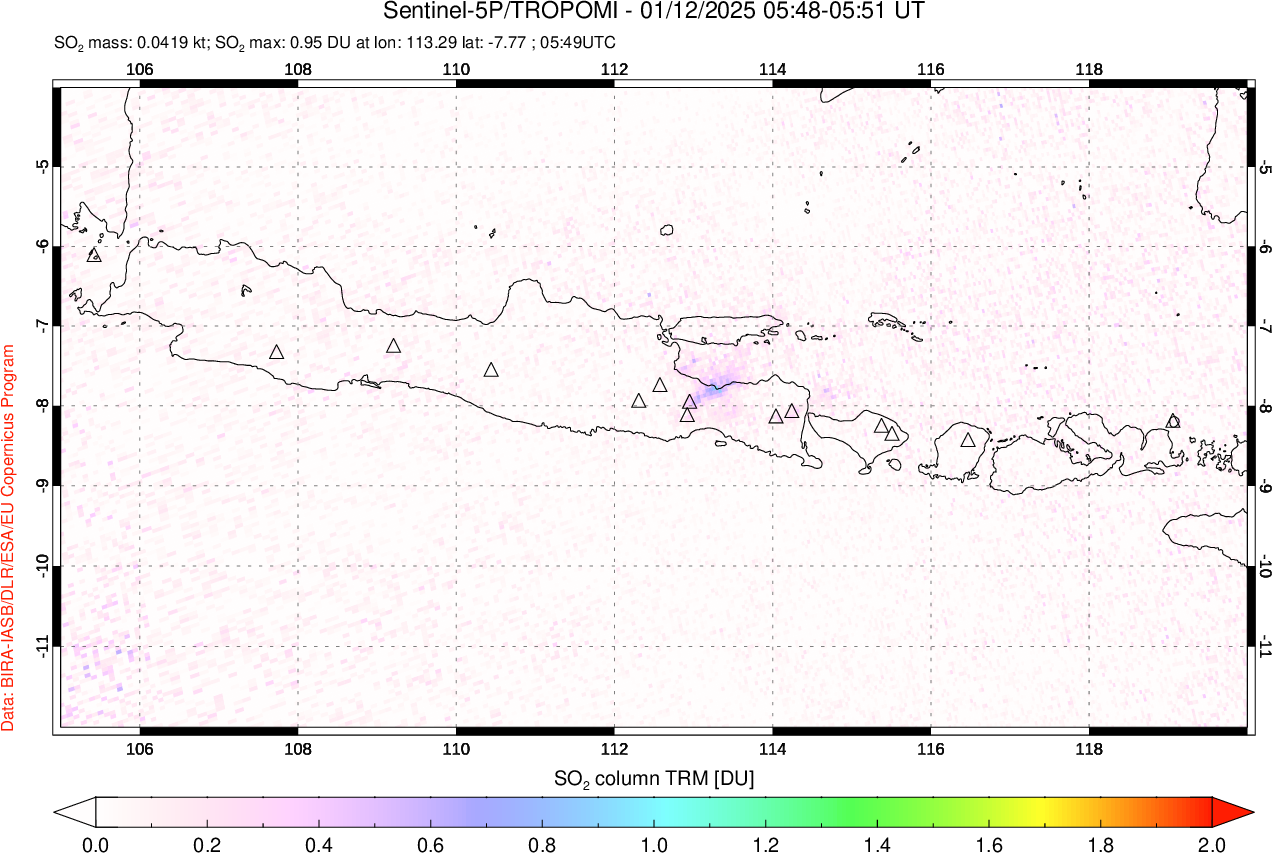 A sulfur dioxide image over Java, Indonesia on Jan 12, 2025.