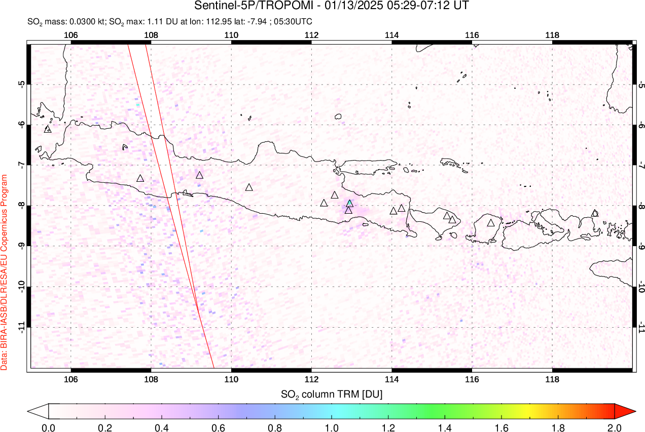 A sulfur dioxide image over Java, Indonesia on Jan 13, 2025.