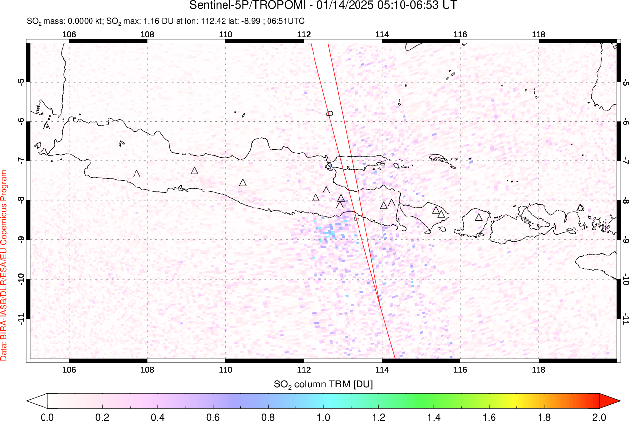 A sulfur dioxide image over Java, Indonesia on Jan 14, 2025.