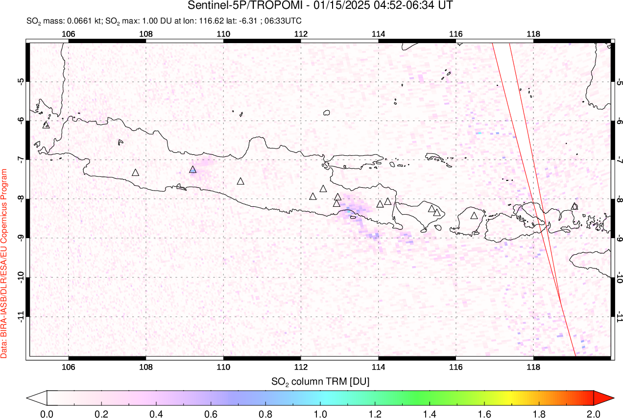 A sulfur dioxide image over Java, Indonesia on Jan 15, 2025.